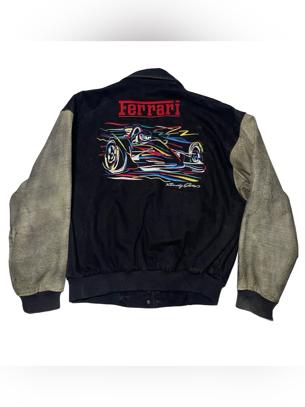Vintage Randy Owens Ferrari F1 Motorsport Leather Jacket Size M Embroidered Rare